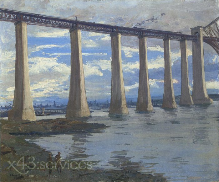 Sir John Lavery - Die Anlegestellen Forth Bruecke - The Piers Forth bridge kite balloon and grand fleet in distance